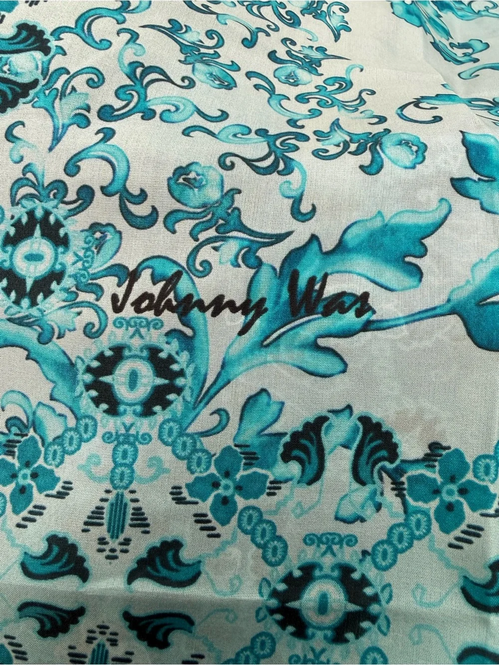 Johnny Was 100% Silk Teal Patterned Scarf with Tassels
